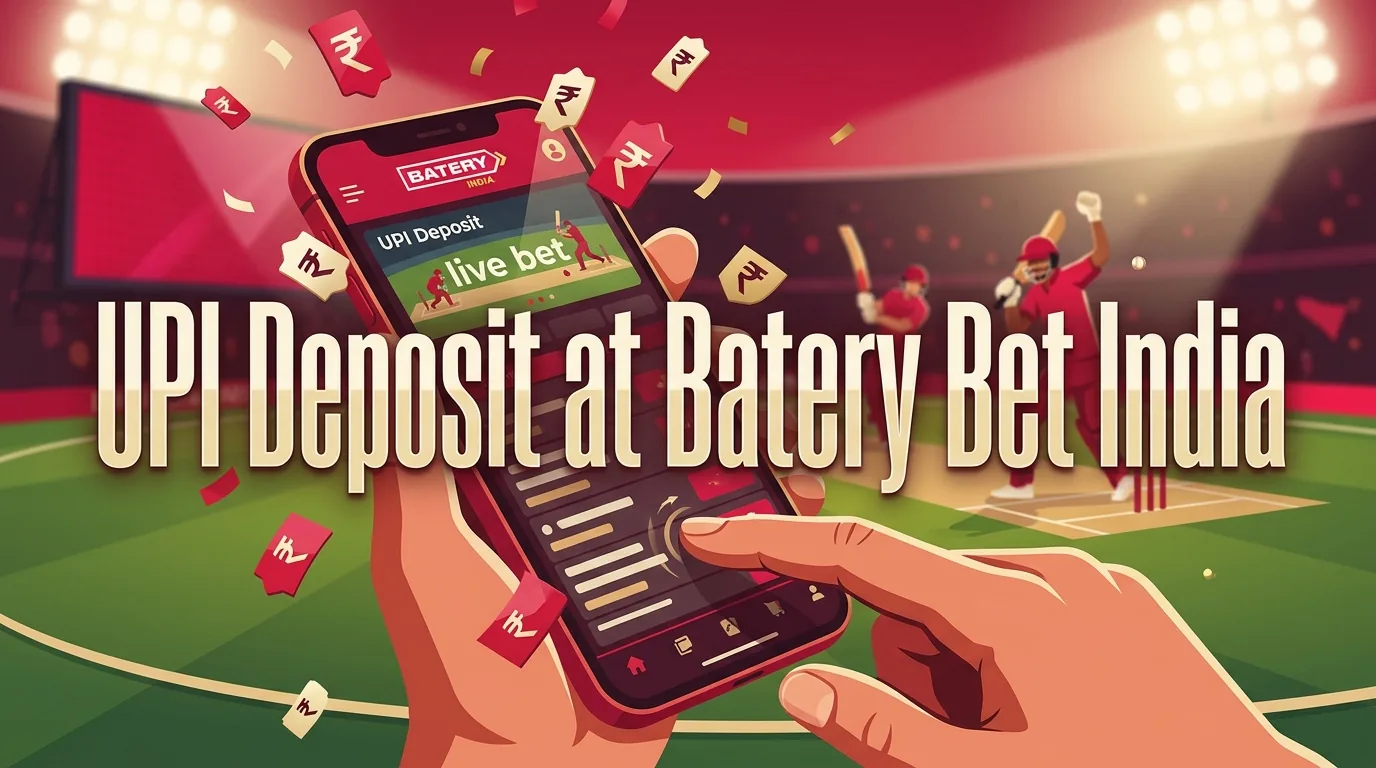 Hands with a smartphone placing a bet, surrounded by price badge confetti for UPI deposits.