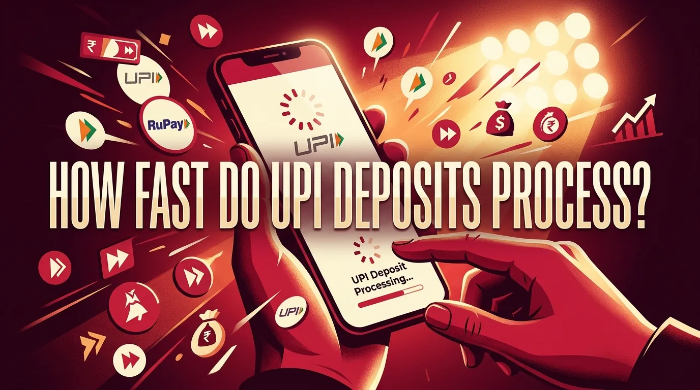 Hands with a smartphone and fast payment icons illustrating quick UPI deposit processing.