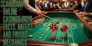 Dynamic red dice flying over an emerald craps table, symbolising casino payouts.