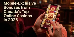 Player's hands holding a phone with a casino game, displaying mobile bonuses.