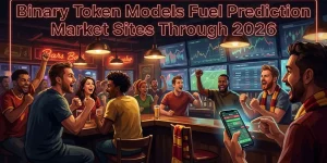 Sports fans cheering at a bar, phone showing live markets, embodying prediction market sites.