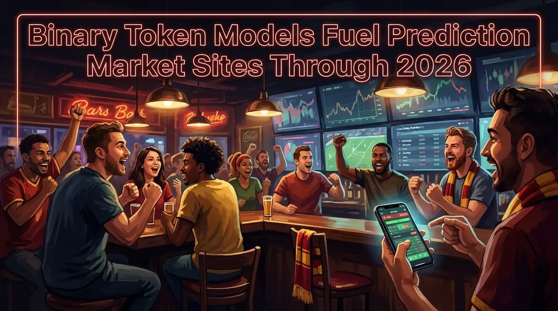Sports fans cheering at a bar, phone showing live markets, embodying prediction market sites.