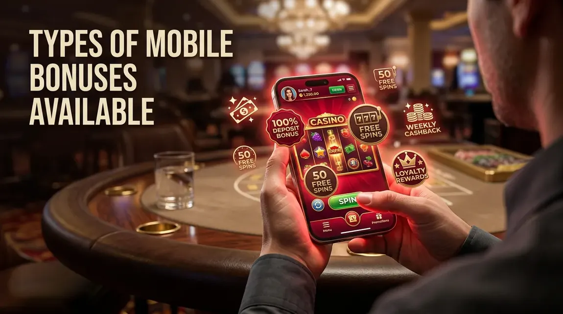 Hands holding a phone, casino game showing mobile bonus types.